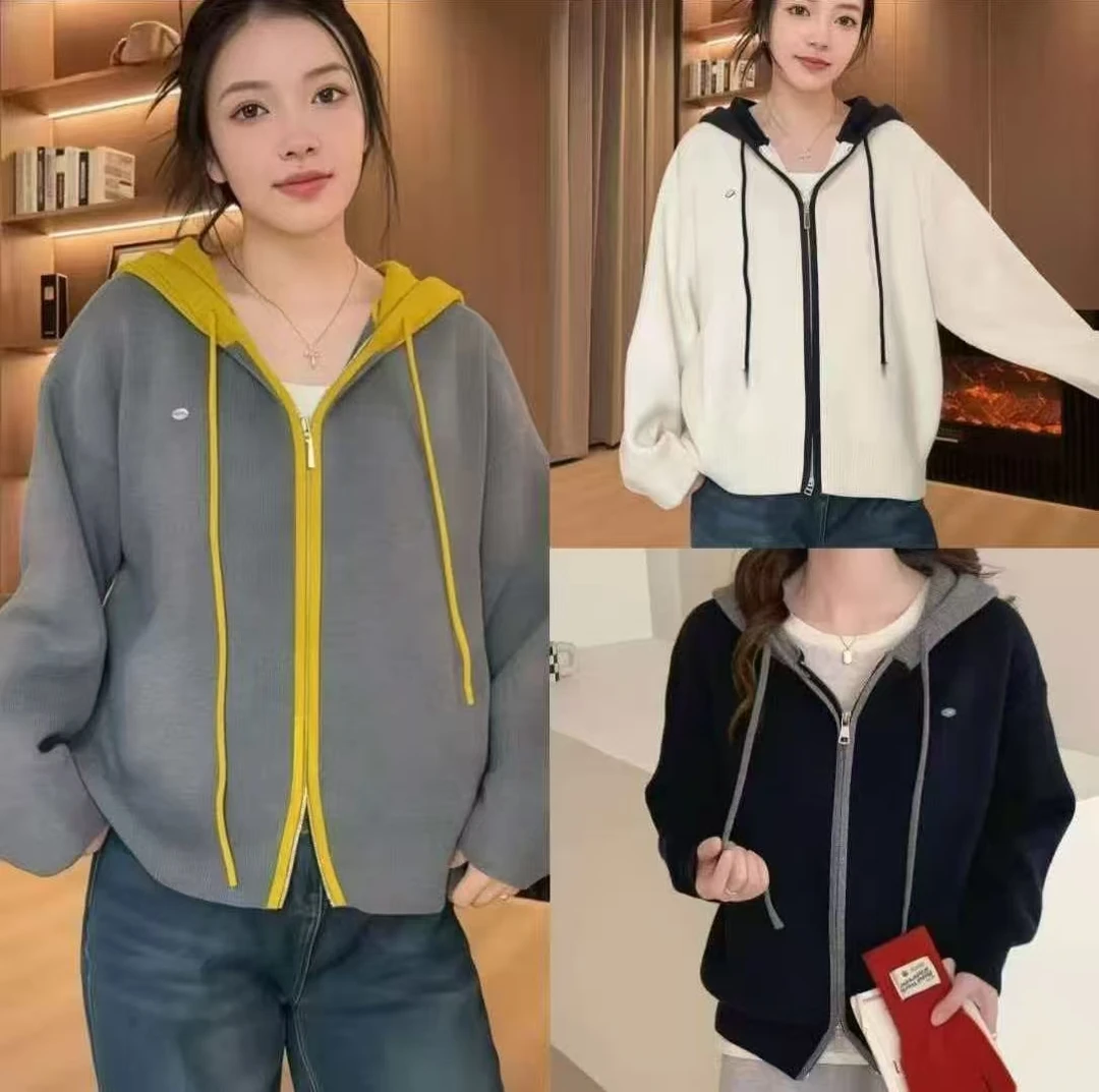 滨莉家【136】双色连帽双拉链针织毛衣开衫