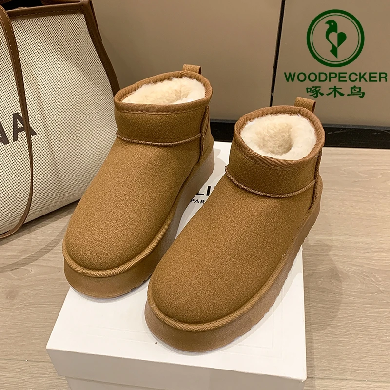 woodpecker/啄木鸟雪地靴女款2025新款保暖加绒加厚皮毛一体厚底