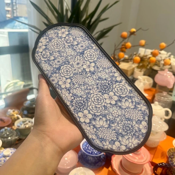 茗香瓷器陶瓷 青花海棠干泡盘吸水茶盘-4415