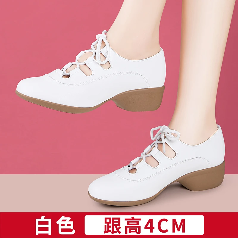 女士夏季真皮软底透气广场舞鞋中跟防滑不累脚100%真皮女舞蹈鞋