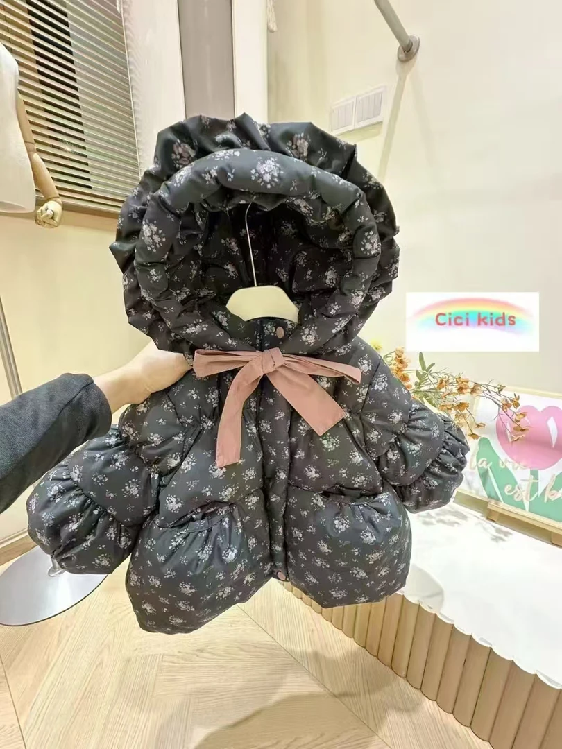 外套棉服（50-99）儿童洋气时尚韩版冬季碎花短款连帽加厚印花