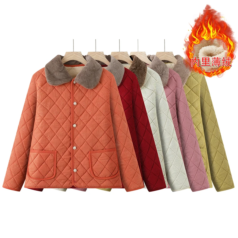中老年女装妈妈冬季灯芯绒棉袄加厚开衫气质保暖大码短款女士外穿
