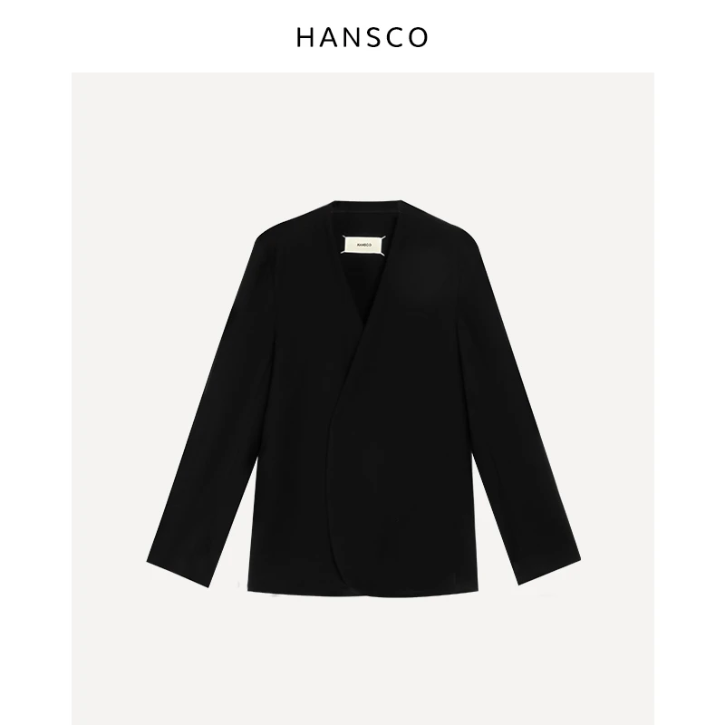 Hansco 精纺羊毛 极简剪裁深V孤线襟无领西服外套 H2306AXZ153
