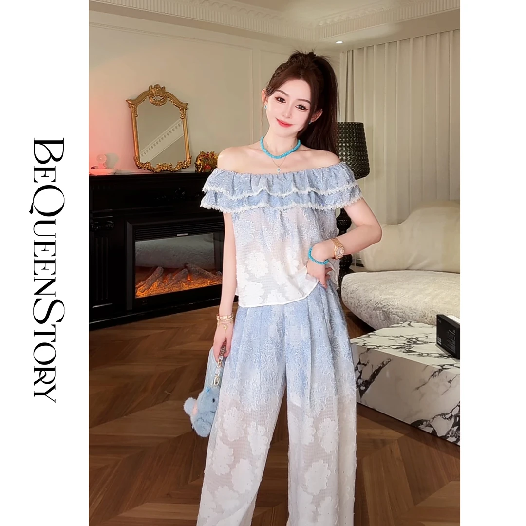 余潇潇【浪漫风暴】浮雕立体提花一字领荷叶边上衣&宽松长裤