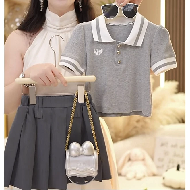 【现货现发】2025夏季新款女童儿童节洋气时尚学院风百褶时髦套装