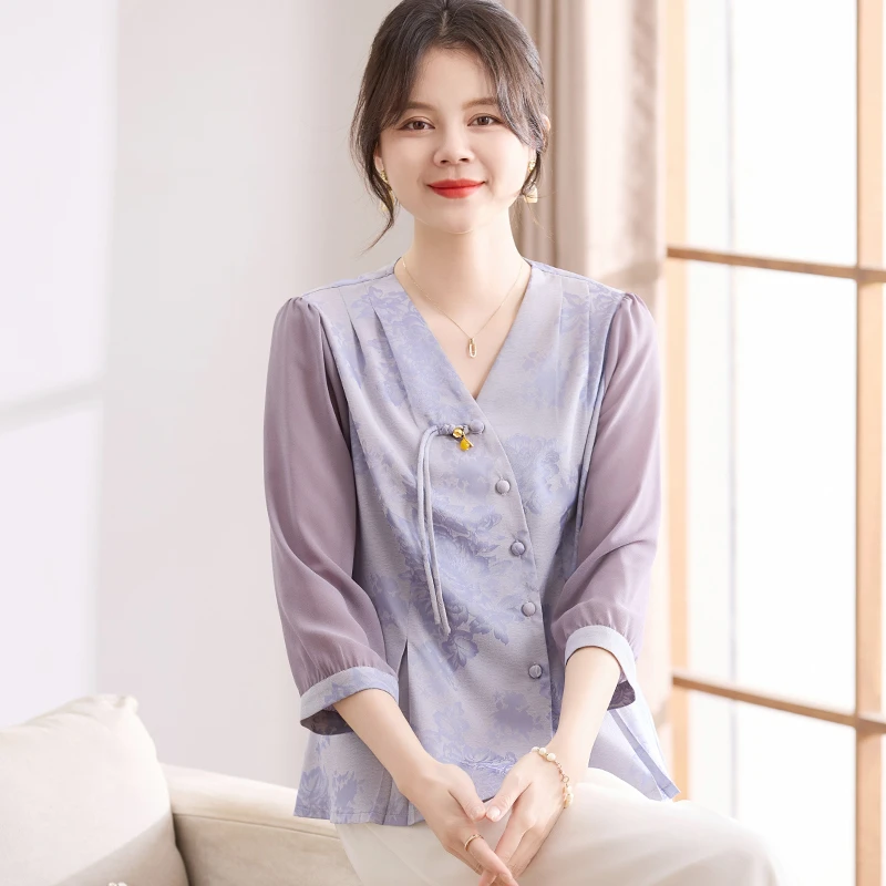 喜卉妈妈夏装国风T恤小衫洋气中老年女装七分袖上衣服母亲节礼物