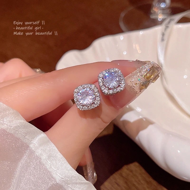 925银玻璃耳饰S925银针轻奢小众精致锆石耳钉女百搭气质高级感方