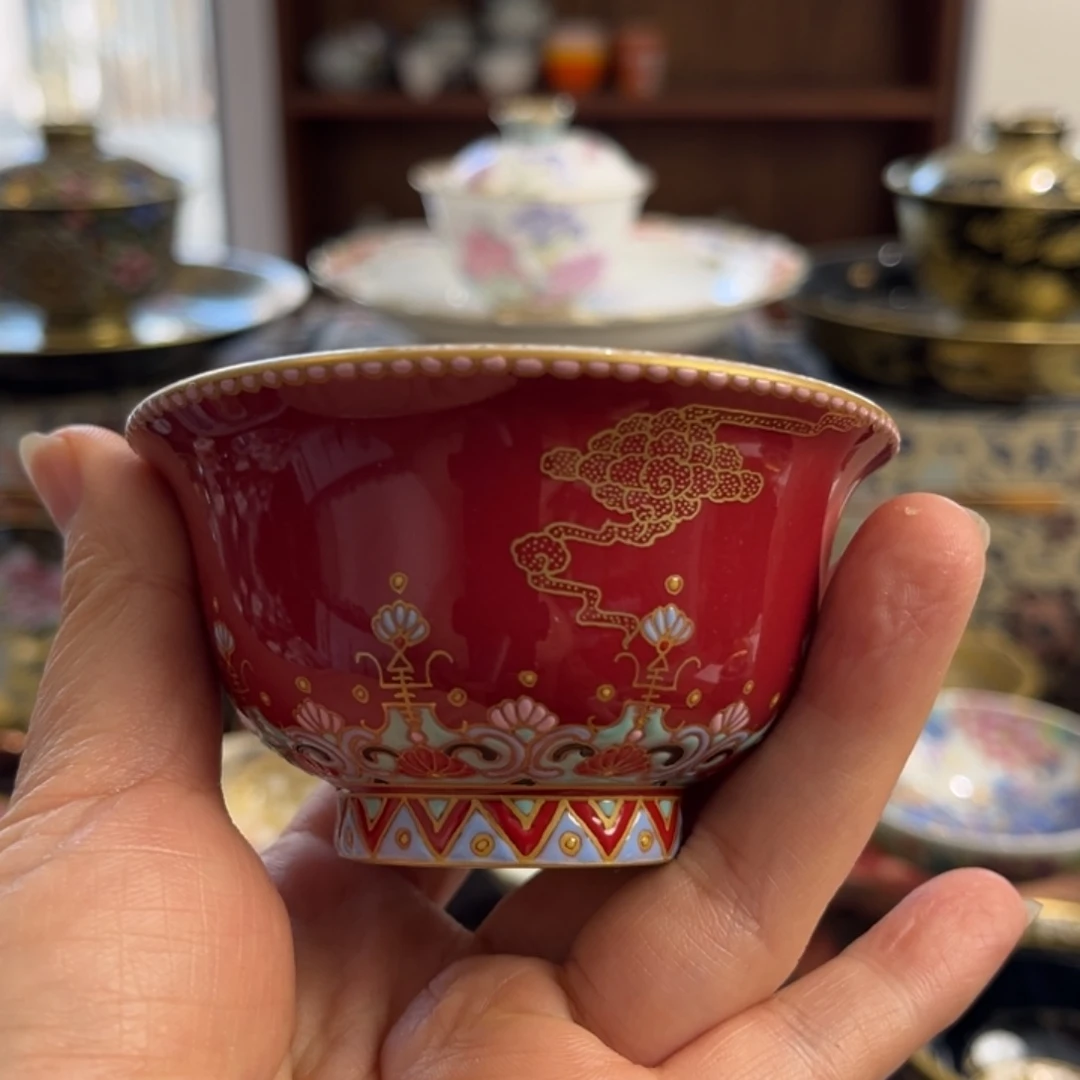 全手工全手绘中国红压手杯