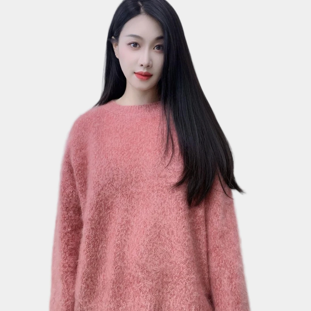 2025秋冬新款加厚花式纱显瘦宽松百搭拉绒圆领领女士羊绒衫 89296