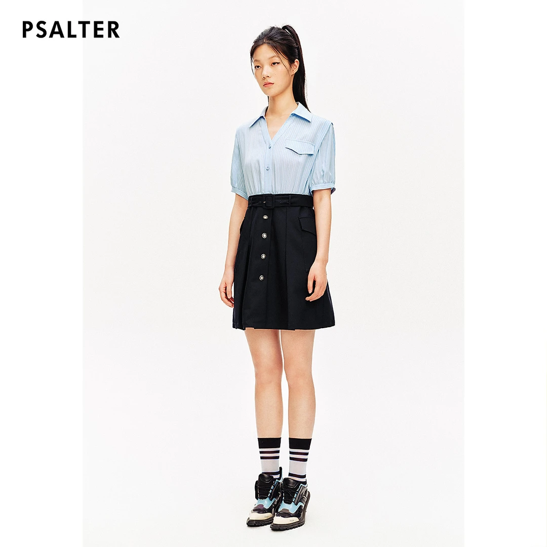 【柔滑醋酸】PSALTER诗篇专选环保条纹翻领衬衫假两件连衣裙夏