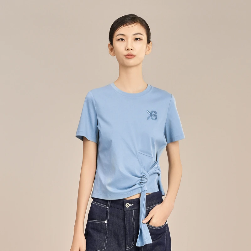 XG雪歌XK201018A727蓝色个性夏季短袖T恤显瘦休闲圆领套头上衣