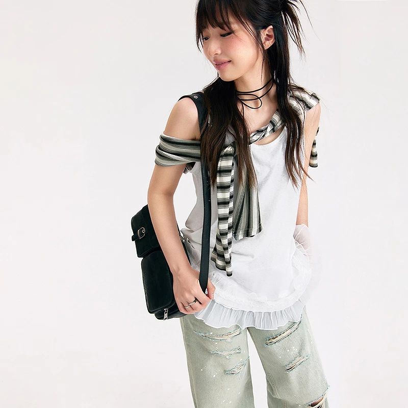 NO ONE ELSE美式复古女装秋季蕾丝雪纺无袖荷叶边拼接吊带背心