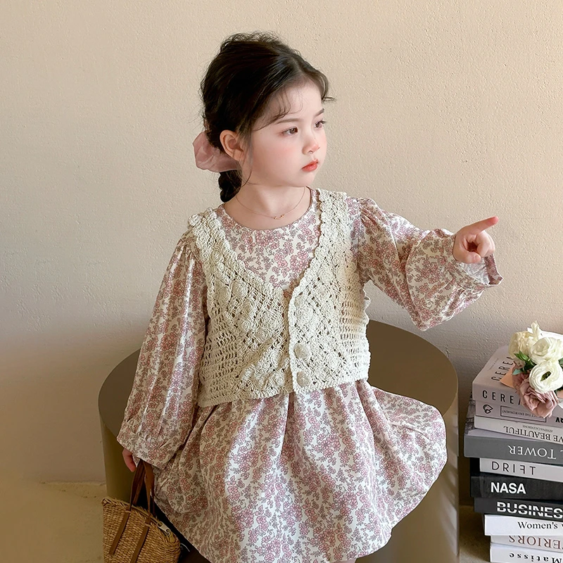 女童连衣裙春秋2025新款儿童洋气针织开衫碎花公主背心裙两件套装