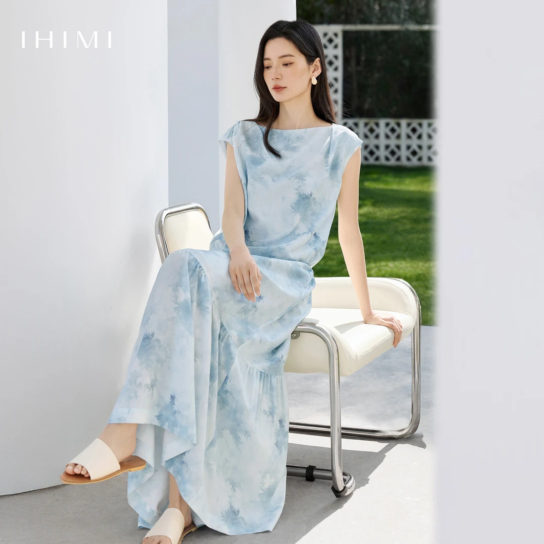 IHIMI/海谧2025年夏季新款女装简约气质荡领上衣半身裙两件套装