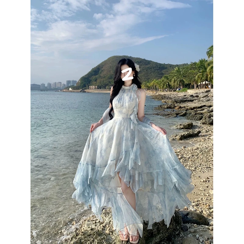 东方诗意 浪漫印花度假荷叶边不规则摆仙女挂脖连衣裙