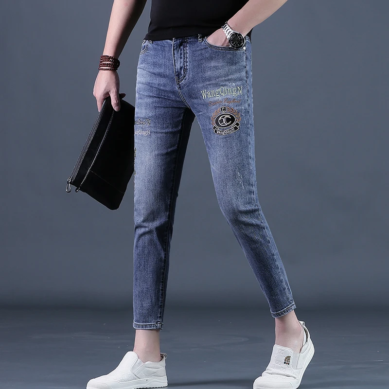 One What潮男裤子九分裤男士牛仔裤潮流弹力修身小脚夏季9分男裤