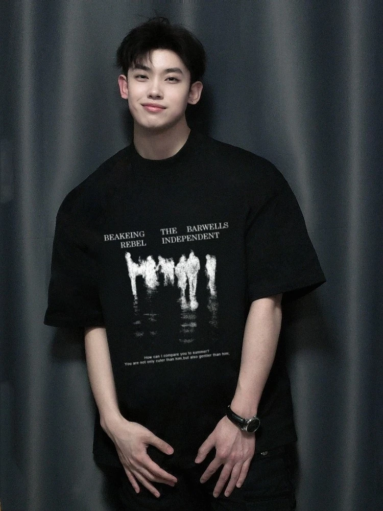 美式复古倒影短袖T恤男欧美高街高级感痞帅男生t恤圆领宽松上衣潮