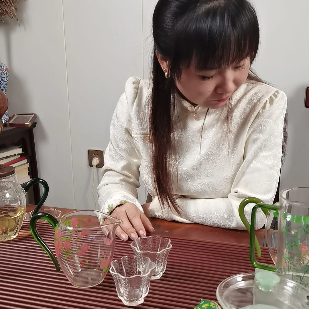 高硼硅玻璃手柄款花绽茗香公杯配两支小杯