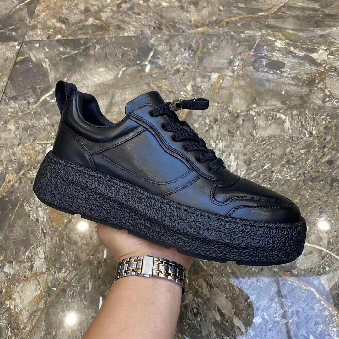 广州真皮潮男鞋秋季新款男士厚底板鞋时尚休闲鞋韩版百搭潮流皮鞋