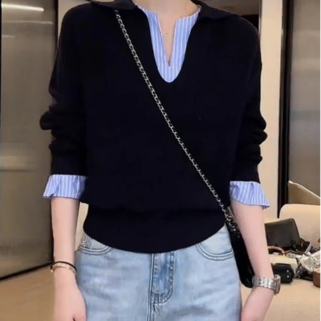 2025春秋季新款女士韩版假两件撞色拼接条纹针织衫宽松长袖上衣服