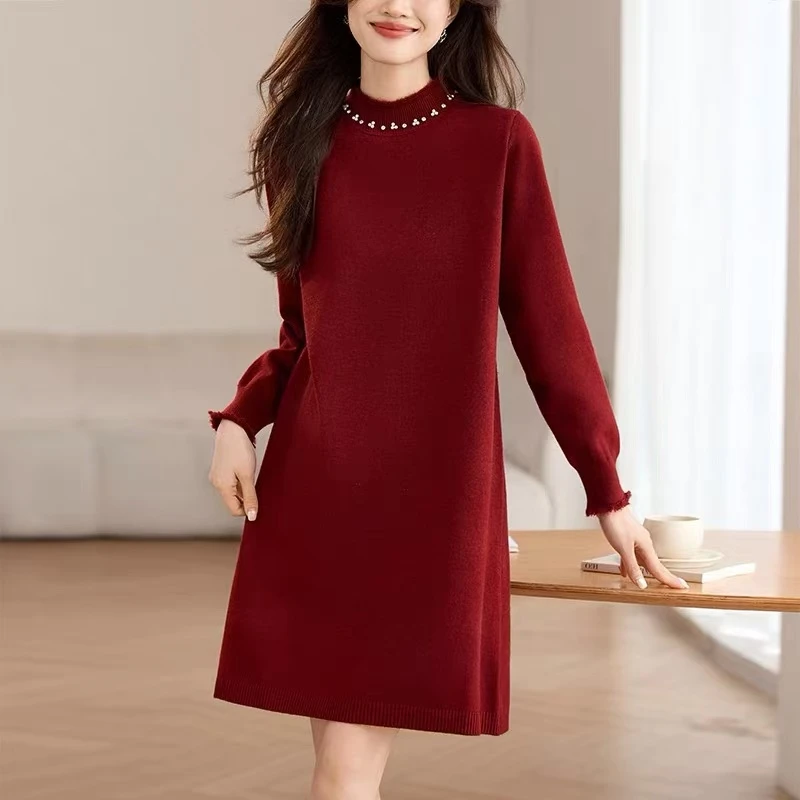 连衣裙秋冬法式街头风中长款半高领长袖洋气加厚显瘦气质针织冬季