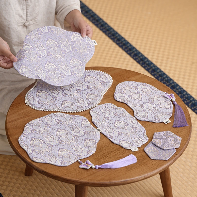 织锦布艺茶席干泡家用茶桌布隔热隔热防烫垫子茶道暮紫条纹双面