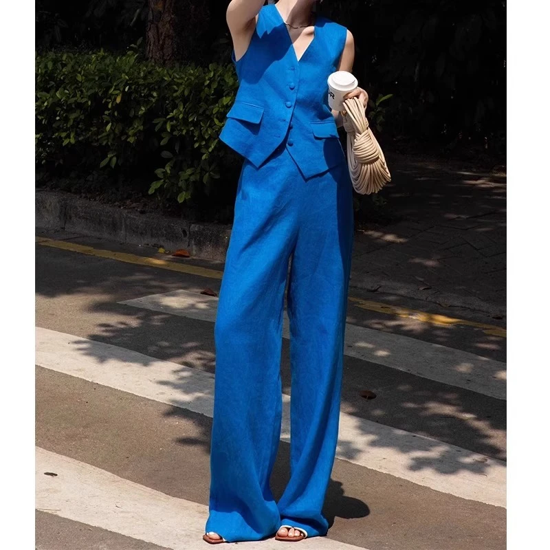 夏季高级感老钱风亚麻马甲套装女蓝色通勤无袖背心阔腿长裤两件套
