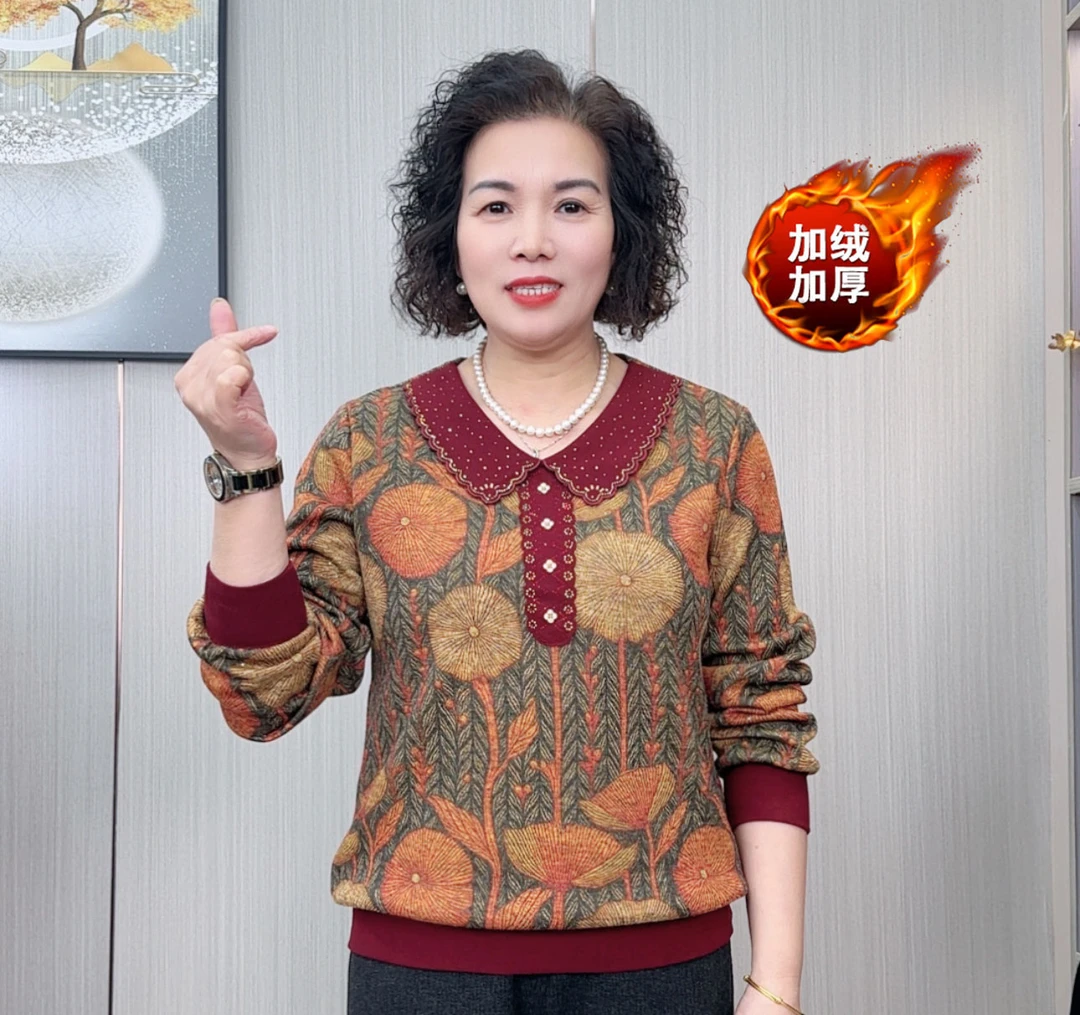 中老年女装妈妈秋冬新款加绒加厚打底衫洋气保暖翻领长袖T恤上衣