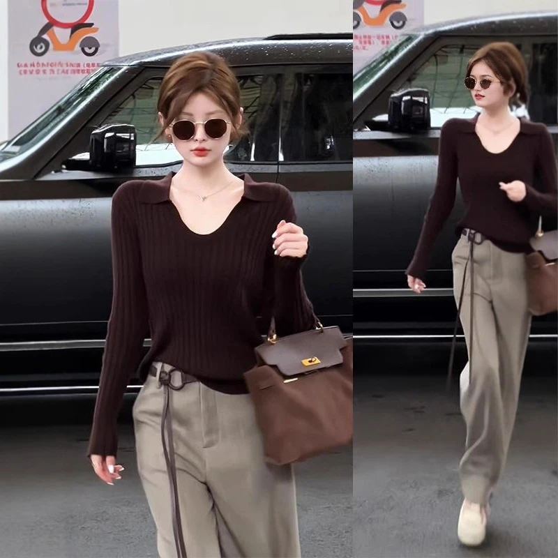 2025早秋新款轻奢高级感竖坑条纹长袖毛织上衣垂坠感直筒长裤套装