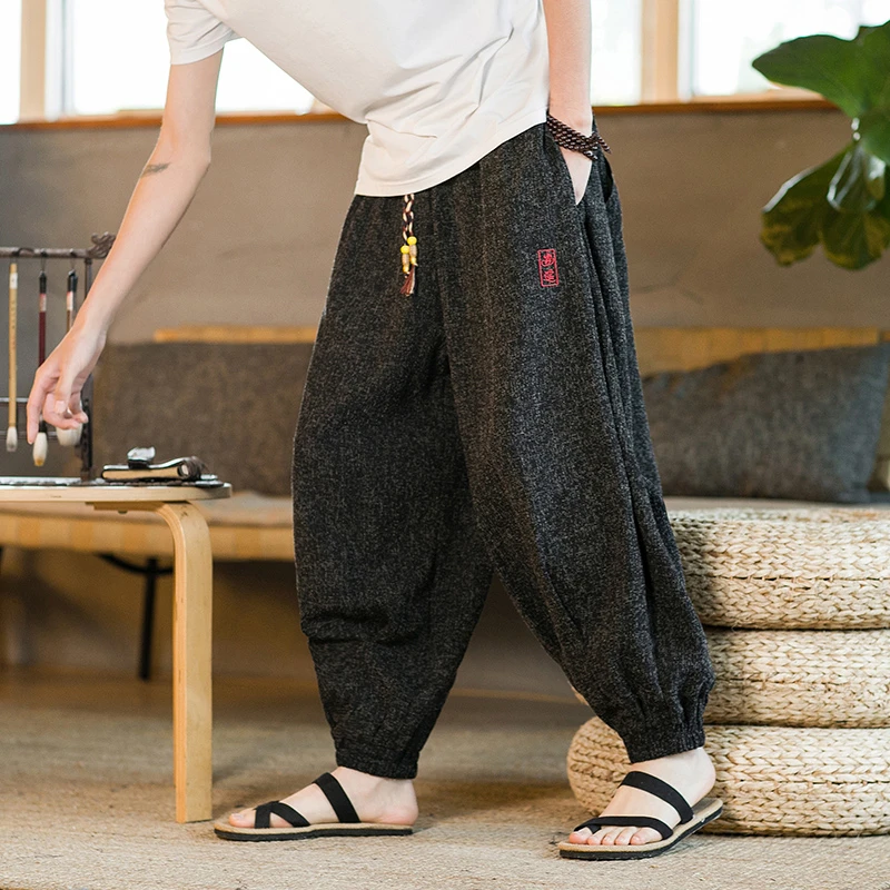 中国风刺绣冰丝裤子男大码肥佬阔腿灯笼裤夏季宽松垂感束脚运动裤