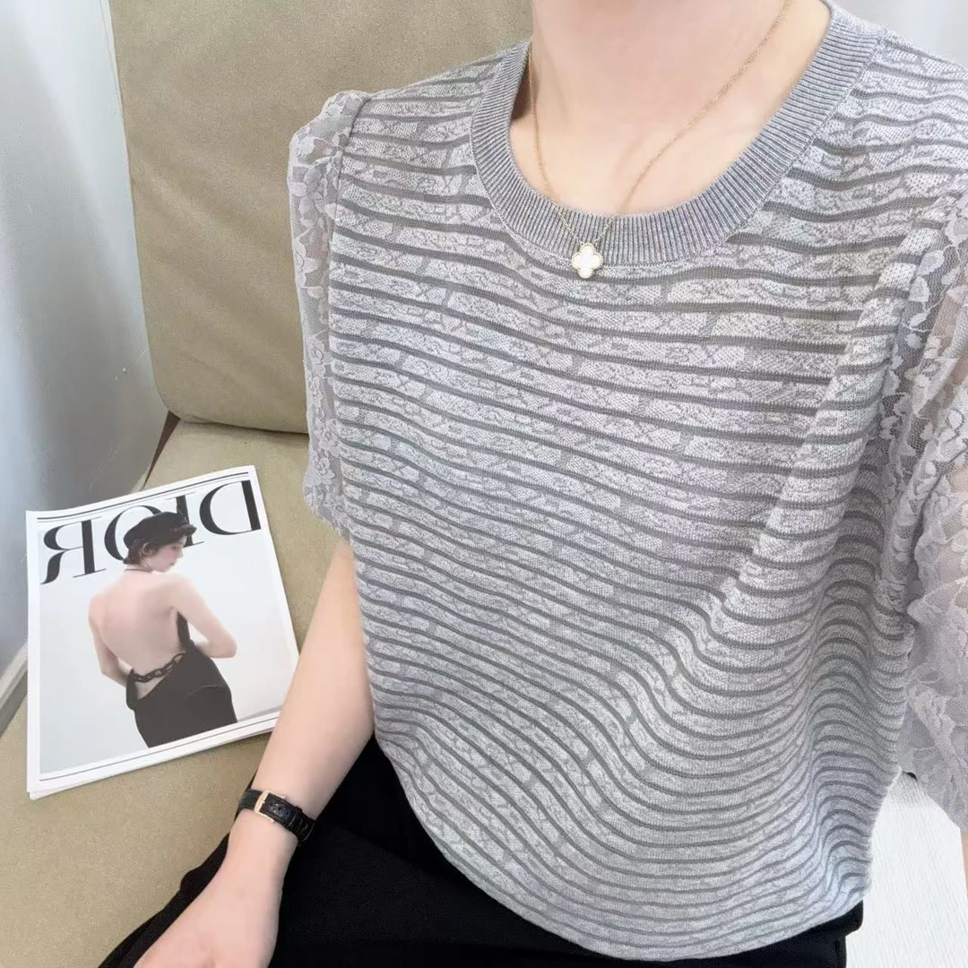 法式圆领泡泡短袖针织衫女25春夏新款高级感宽松显瘦洋气百搭上衣