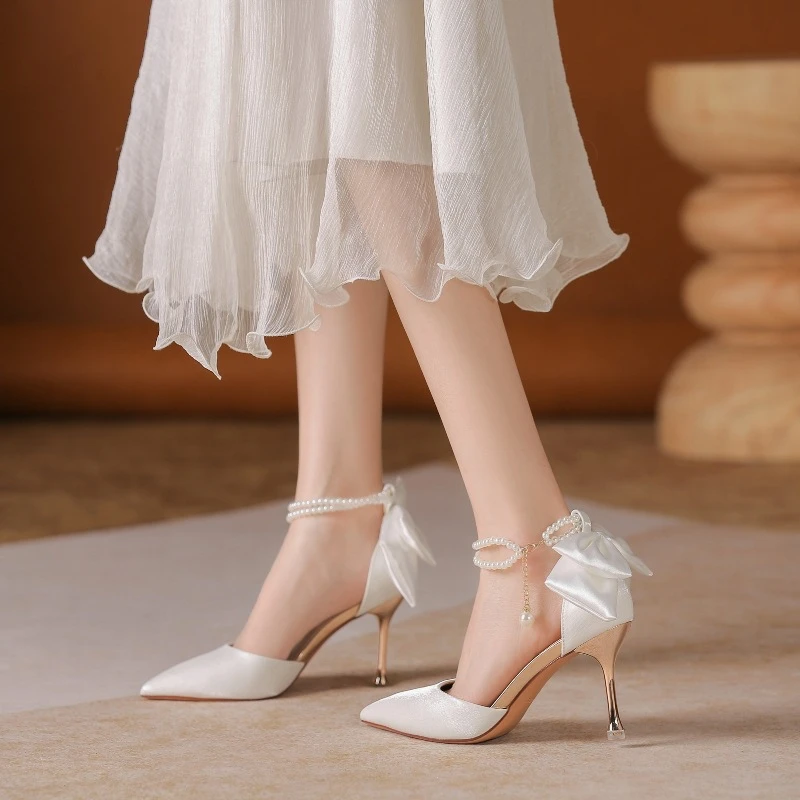[囍见】气质法式仙女风尖头名媛高跟婚礼宴会温柔蝴蝶结细跟高跟鞋