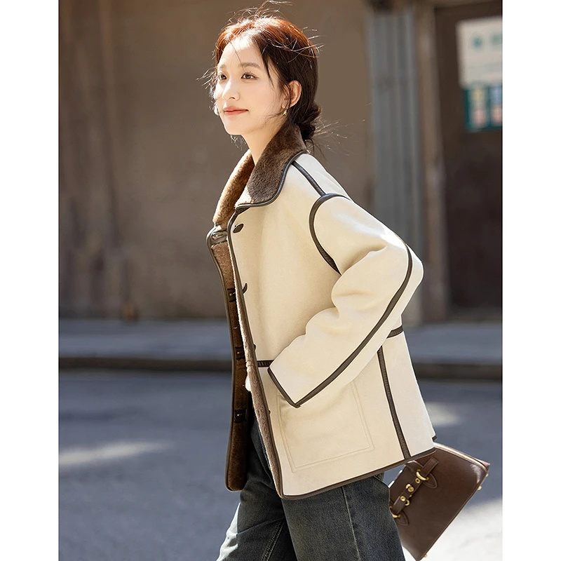 dme德·玛纳绒冬暖境冬复合撞色毛绒翻领PU分割拼接加绒外套