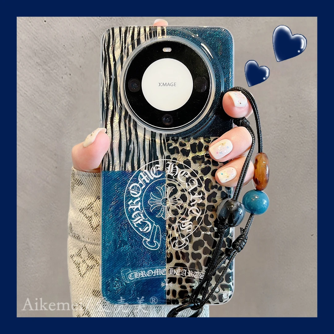 适用华为mate70pro+手机壳黑蓝豹纹Mate60pro+拼接条纹十字架链条