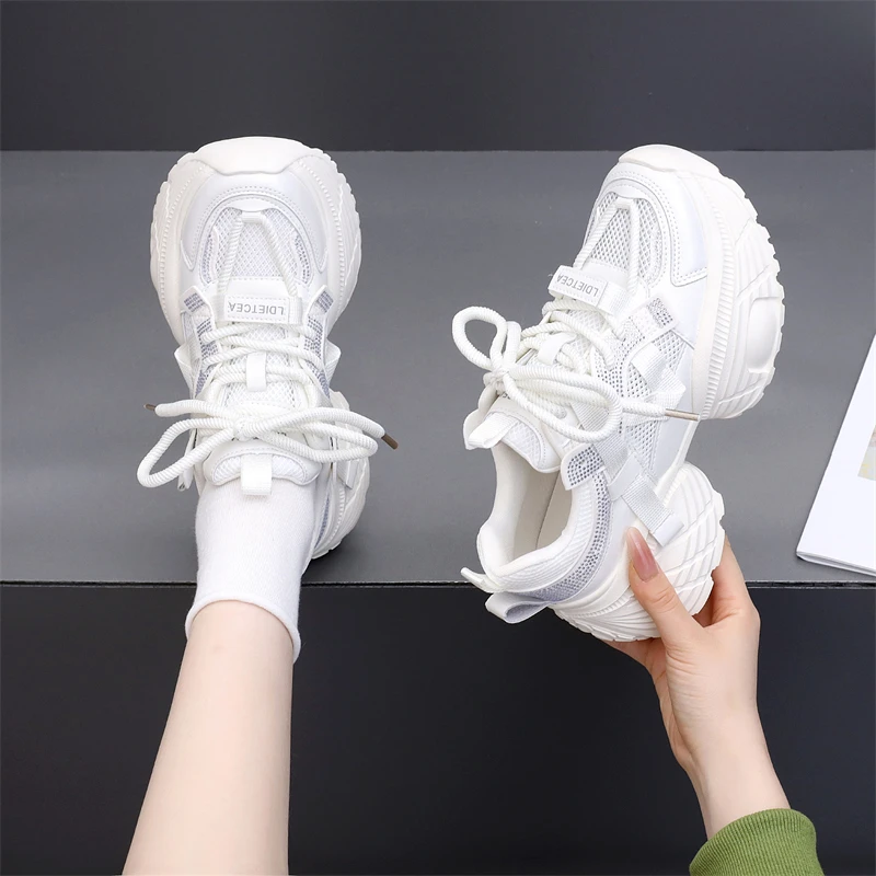 厚底老爹鞋女2025春夏爆款网面透气百搭薄款小白鞋镂空带钻运动鞋
