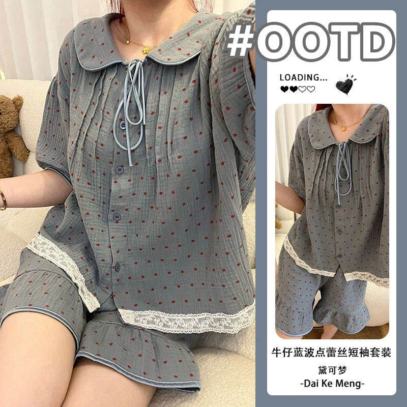 韩版复古波点睡衣套装女春夏季洋气宽松娃娃领短袖短裤家居服套装
