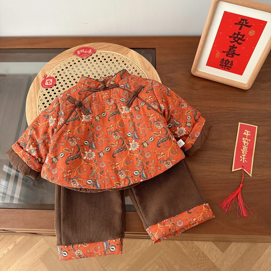 2026儿童碎花拜年服套装冬季女童加厚棉服中国风裤子两件套舒适潮