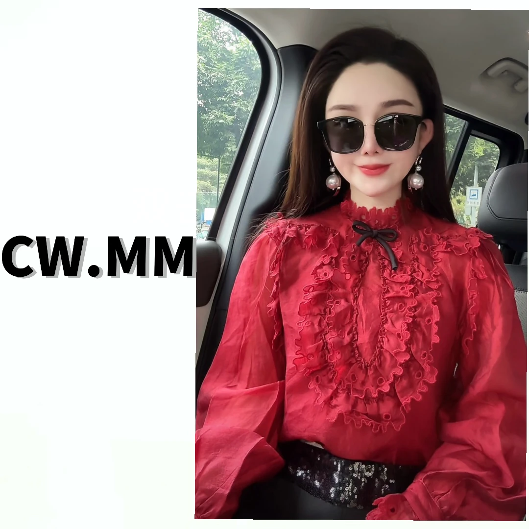 CW.MM 刺绣花边蝴蝶结宽松长袖上衣