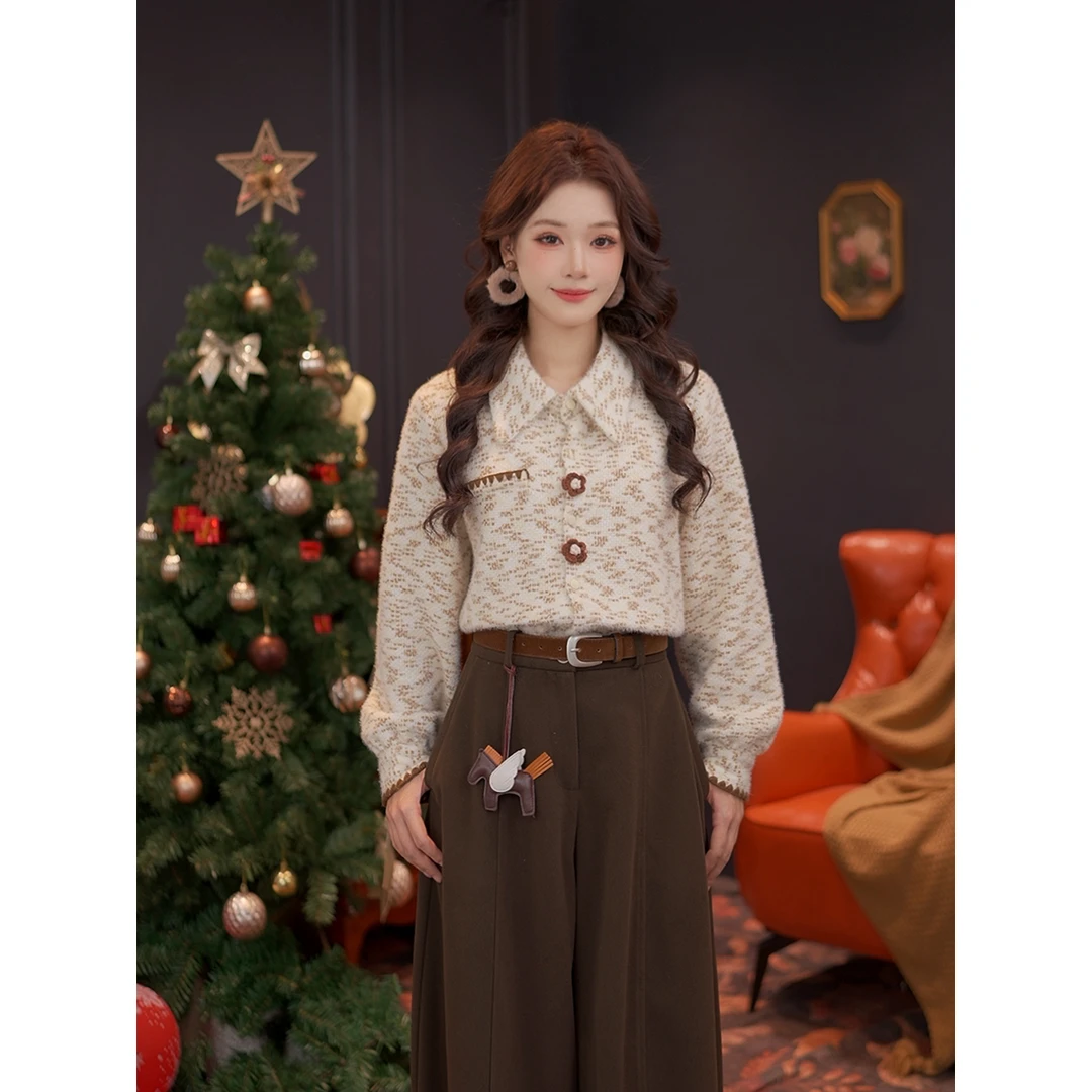 婉儿【享町】25秋冬新款显瘦百搭复古外搭长袖女针织衬衫#G14784