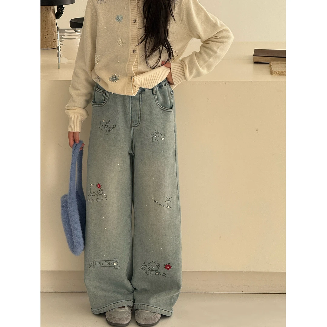 K30416孙小美高端猫咪烫钻女童加绒弯刀牛仔裤秋冬装2025新款裤子