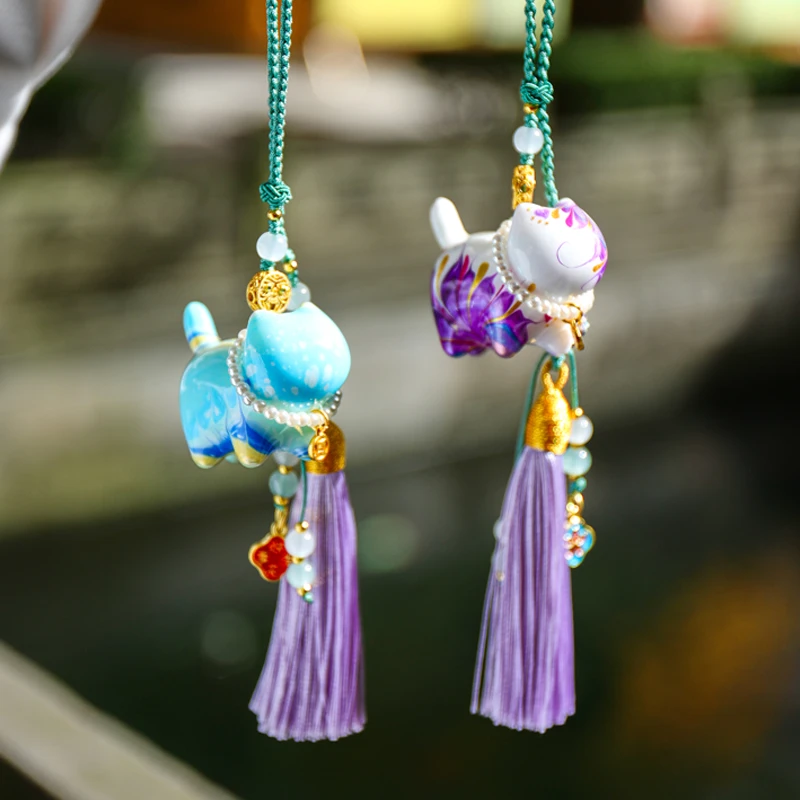 【漆彩&才才猫】手工多彩流苏款大漆中号猫咪挂件 车挂包挂景区新款