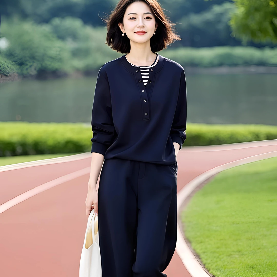 女装时尚休闲假两件卫衣+松紧腰九分裤套装秋