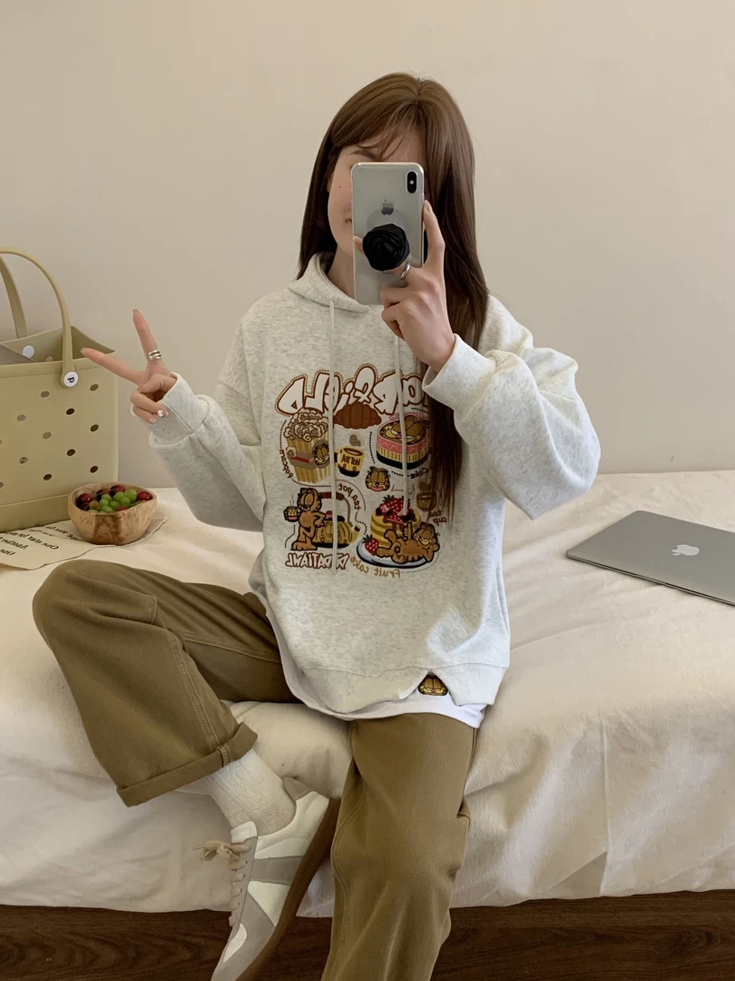 重工刺绣爆米花加菲猫宽松韩版时尚连帽卫衣 V6702#