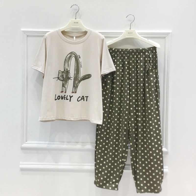 妮可雅可外穿睡衣女2025新款夏季凉感纯棉短袖长裤波点休闲家居服