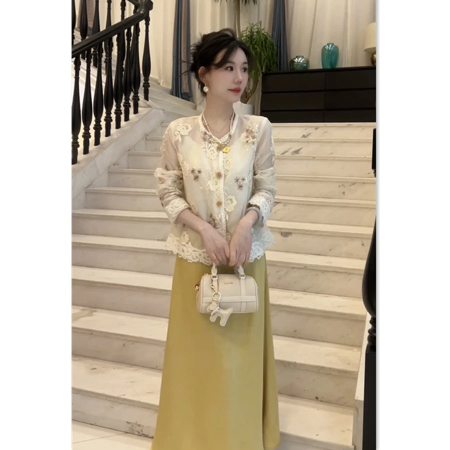 新中式亮片刺绣薄外套女2025新款高级感蕾丝花边国风盘扣上衣套装
