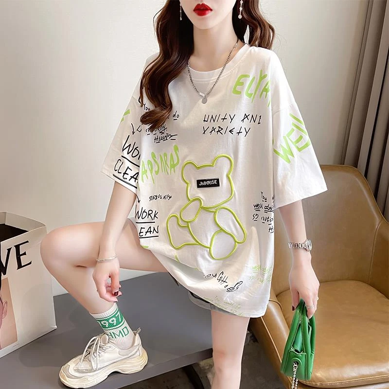 欧货重工小熊短袖t恤女夏装2025新款大码女装宽松韩版中长款上衣