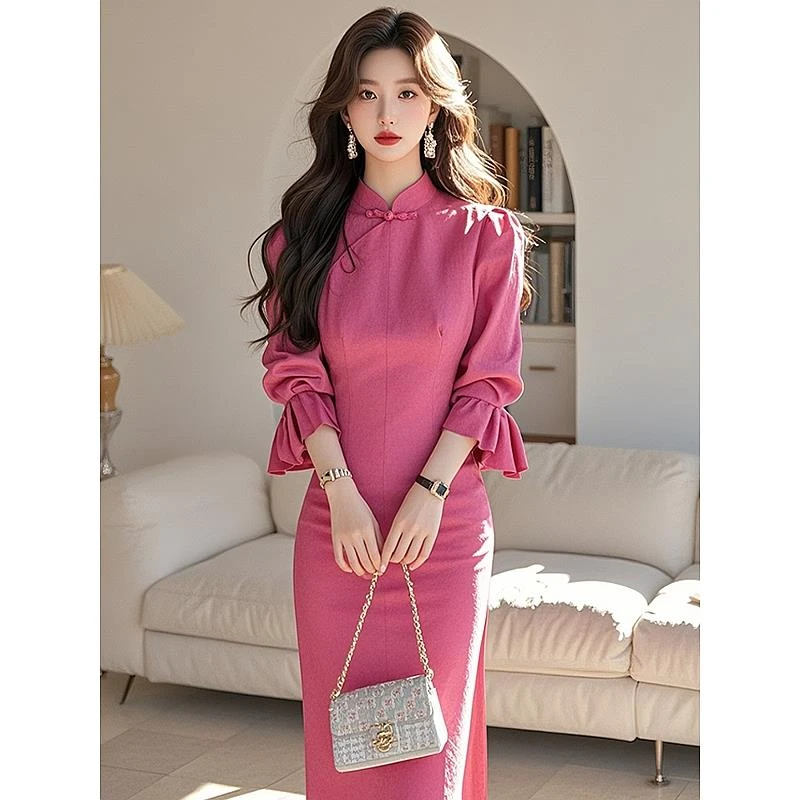 新中式女装国风玫红色衬衫连衣裙2025春季漂亮独特气质名媛长裙子