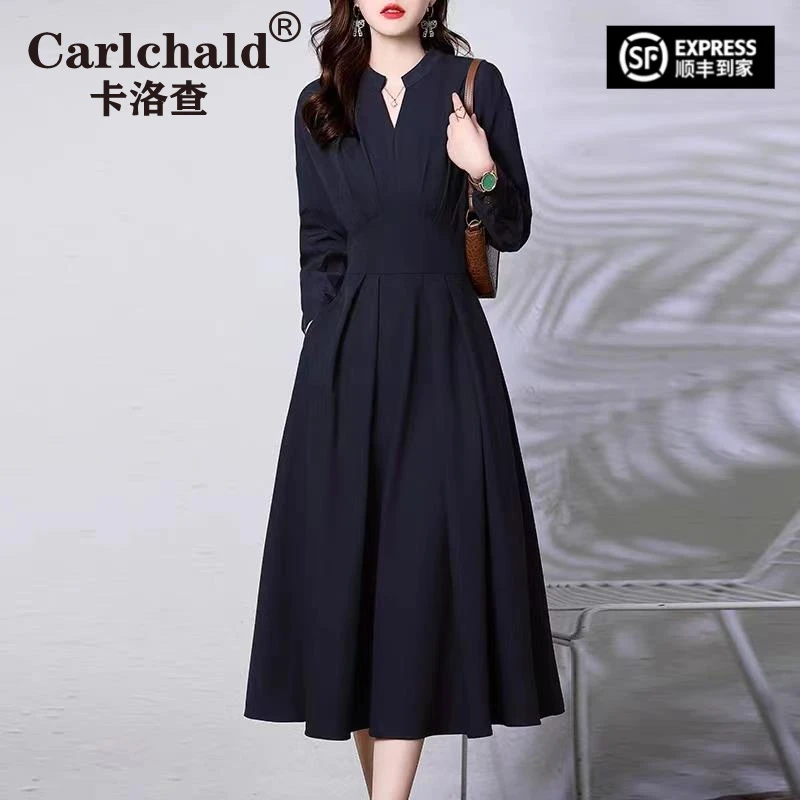 CARLCHALD卡洛查春秋气质绝美连衣裙女2025新款法式长袖收腰显瘦V
