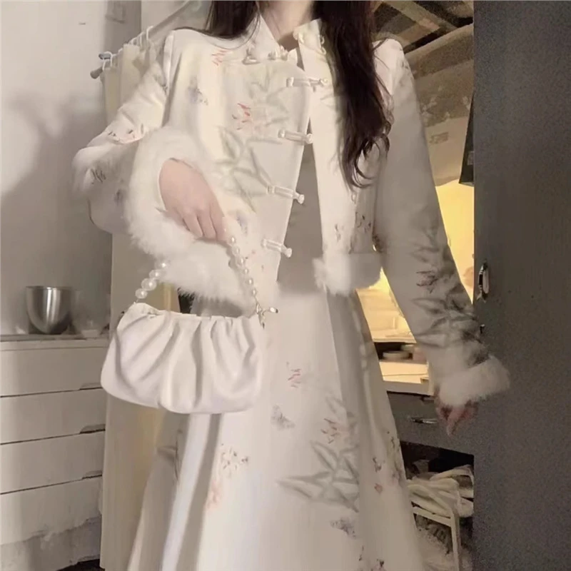 秋冬新中式国风复古改良旗袍碎花连衣裙毛边拼接短款外套时尚套装