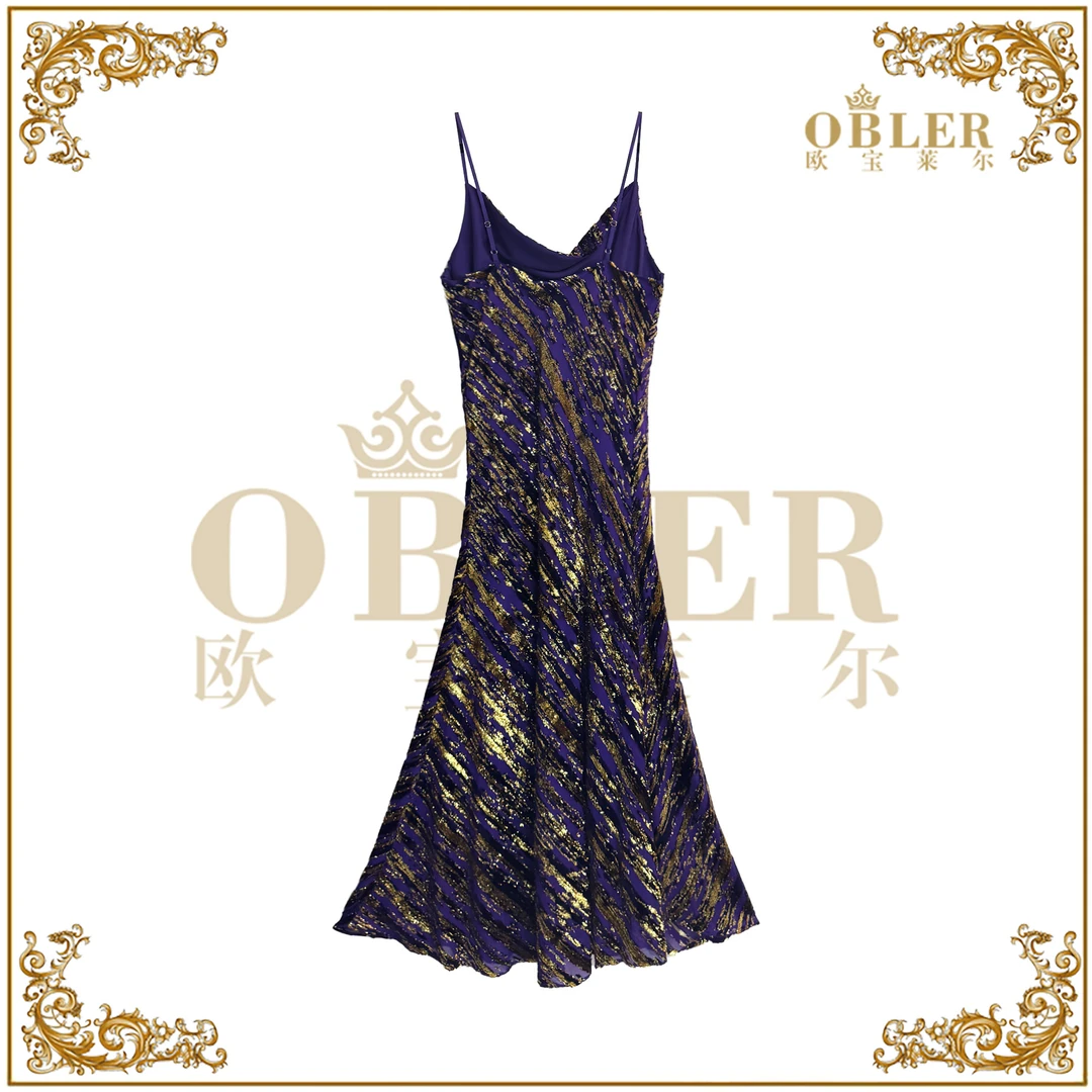 【欧宝莱尔】2025夏季新款烂花斜裁金丝荡领吊带连衣裙305-25155